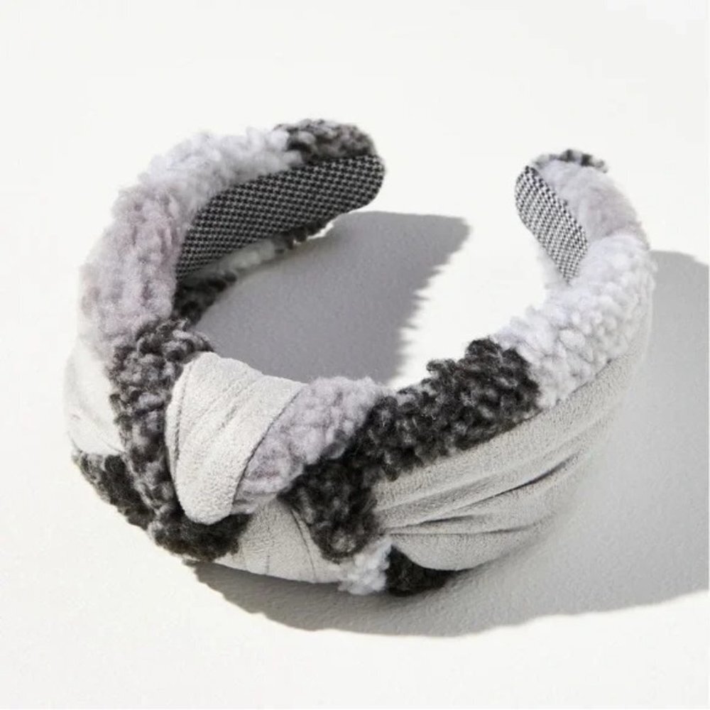 🖤 Anthropologie Black White Plaid Sherpa Fur Fuzzy Wide Knot Turban Headband